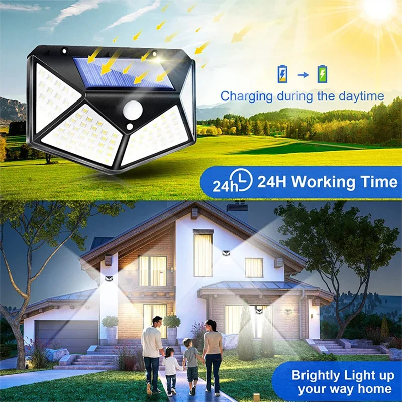 Shop the ESMARTER 100-LED Outdoor Solar Lamp. 270° wide-angle, dimmable, IP44 waterproof, and easy wireless setup. Save energy and secure your home now!